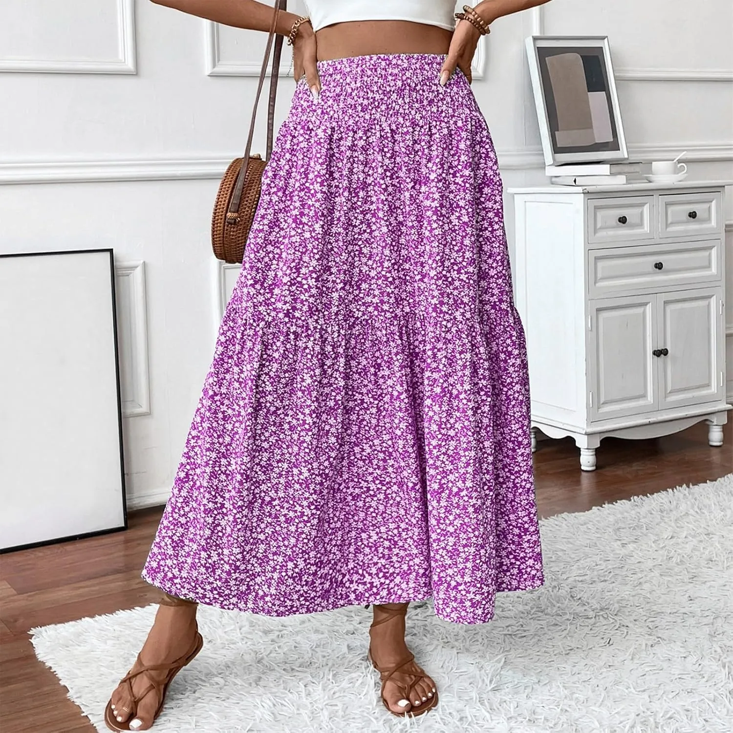 Floral Maxi Skirt for Women Summer Elastic High Waisted Beach Vacation Skirts Flowy Splicing A-Line Casual Long Skirts