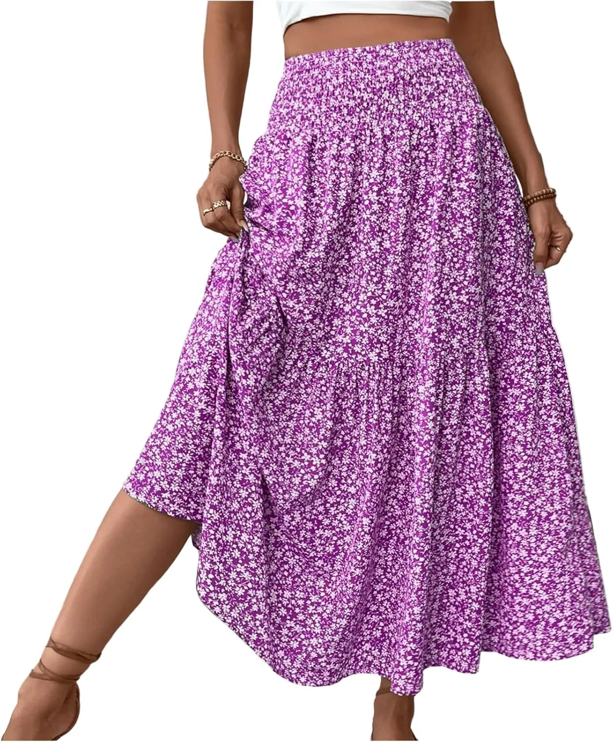 Floral Maxi Skirt for Women Summer Elastic High Waisted Beach Vacation Skirts Flowy Splicing A-Line Casual Long Skirts