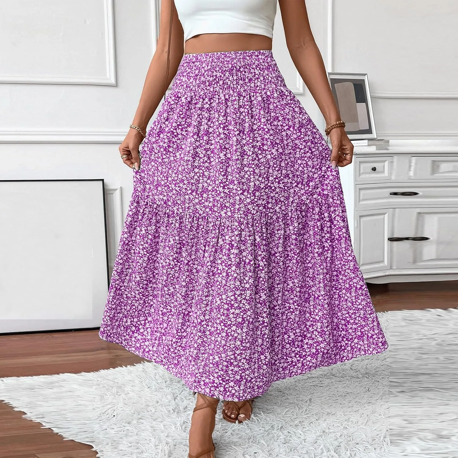Floral Maxi Skirt for Women Summer Elastic High Waisted Beach Vacation Skirts Flowy Splicing A-Line Casual Long Skirts