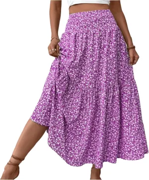 Floral Maxi Skirt for Women Summer Elastic High Waisted Beach Vacation Skirts Flowy Splicing A-Line Casual Long Skirts