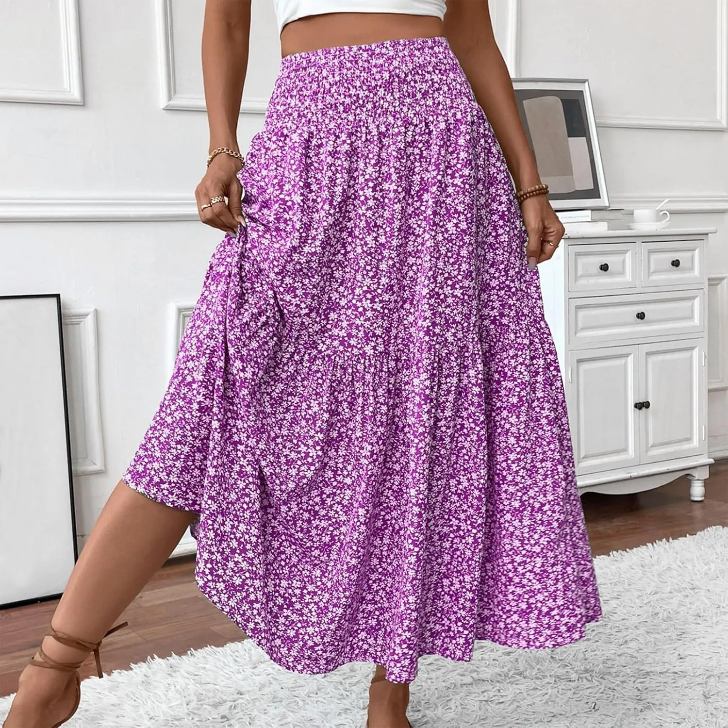 Floral Maxi Skirt for Women Summer Elastic High Waisted Beach Vacation Skirts Flowy Splicing A-Line Casual Long Skirts
