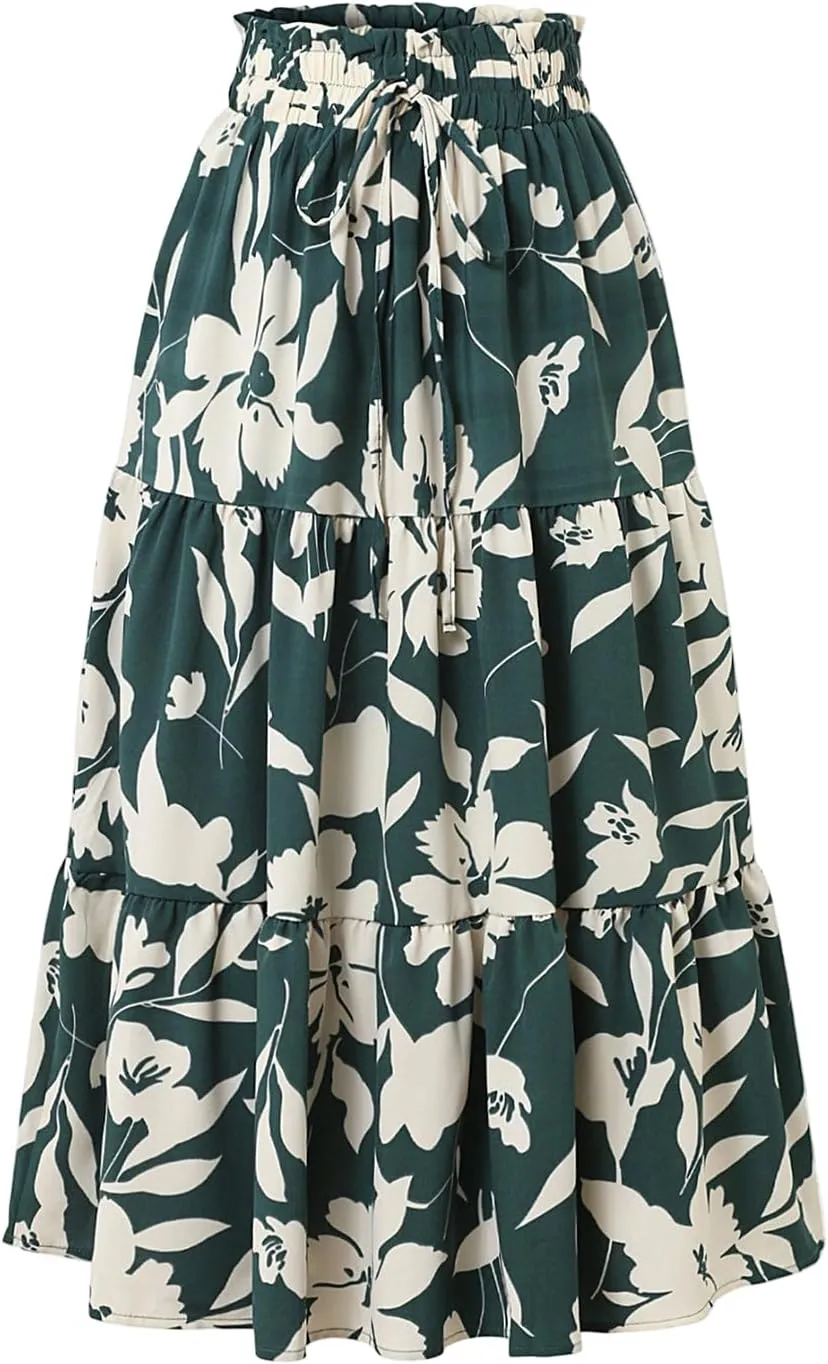 Floral Maxi Skirts for Women 2025 Summer Comfy Tiered Elastic High Waisted Skorts Vacation Flowy Swing Long Dress