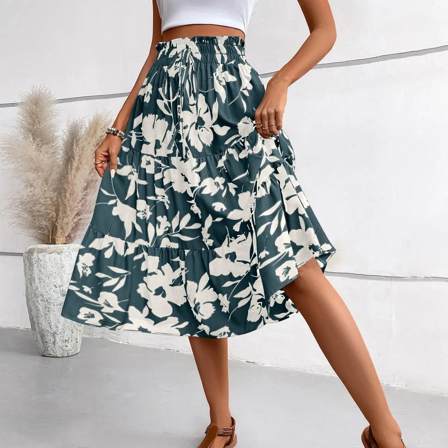 Floral Maxi Skirts for Women 2025 Summer Comfy Tiered Elastic High Waisted Skorts Vacation Flowy Swing Long Dress