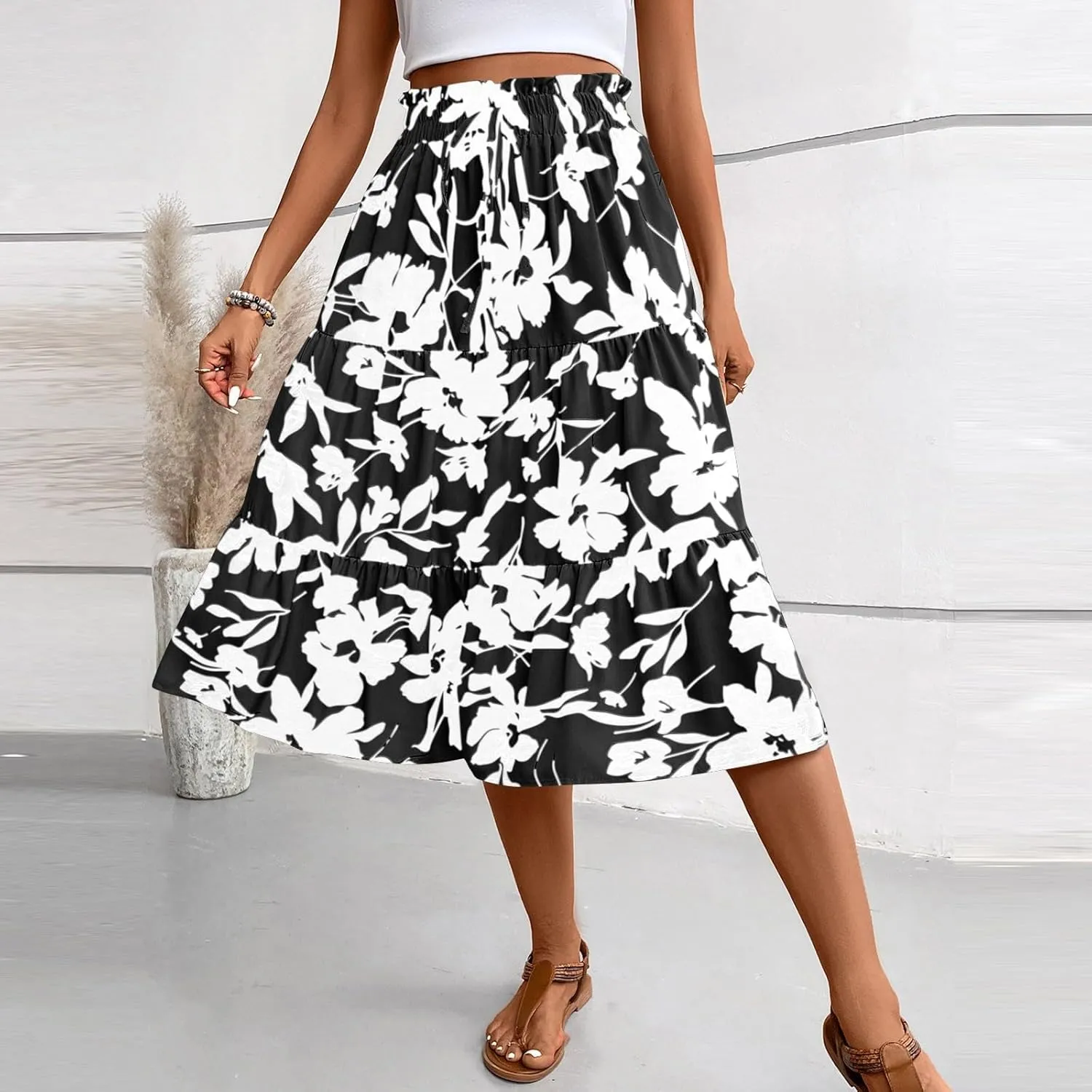 Floral Maxi Skirts for Women 2025 Summer Comfy Tiered Elastic High Waisted Skorts Vacation Flowy Swing Long Dress