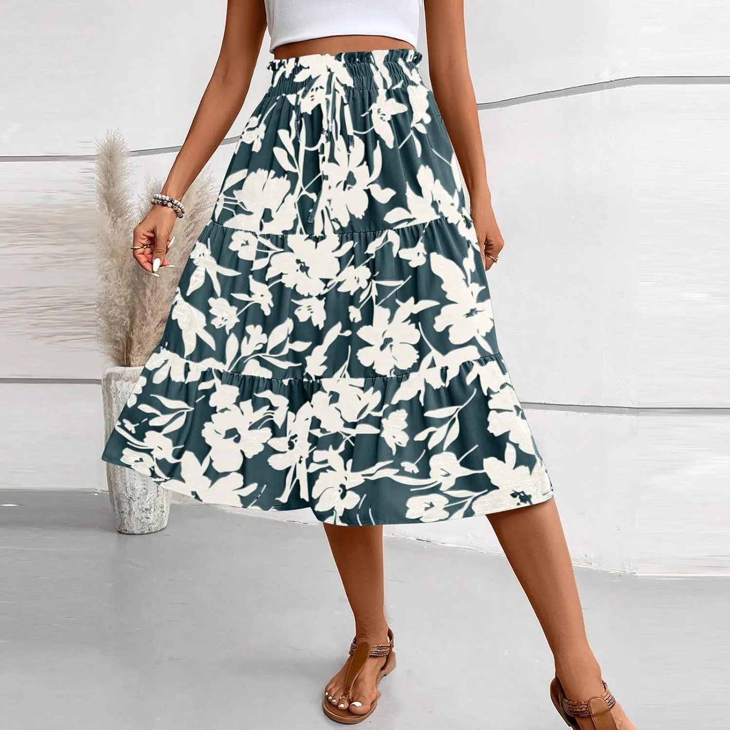 Floral Maxi Skirts for Women 2025 Summer Comfy Tiered Elastic High Waisted Skorts Vacation Flowy Swing Long Dress