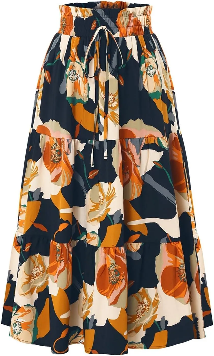 Floral Maxi Skirts for Women Casual Drawstring High Elastic Waisted A-Line Flowy Swing Skirts Summer Boho Skirt