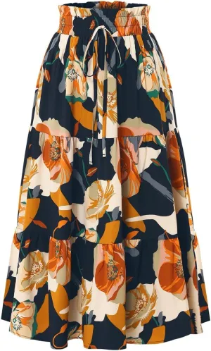 Floral Maxi Skirts for Women Casual Drawstring High Elastic Waisted A-Line Flowy Swing Skirts Summer Boho Skirt