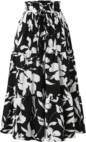Floral Pleated Skirts for Women Midi Length Summer Casual Boho Renaissance Flowy Plus Size Tiered A Line Skirt