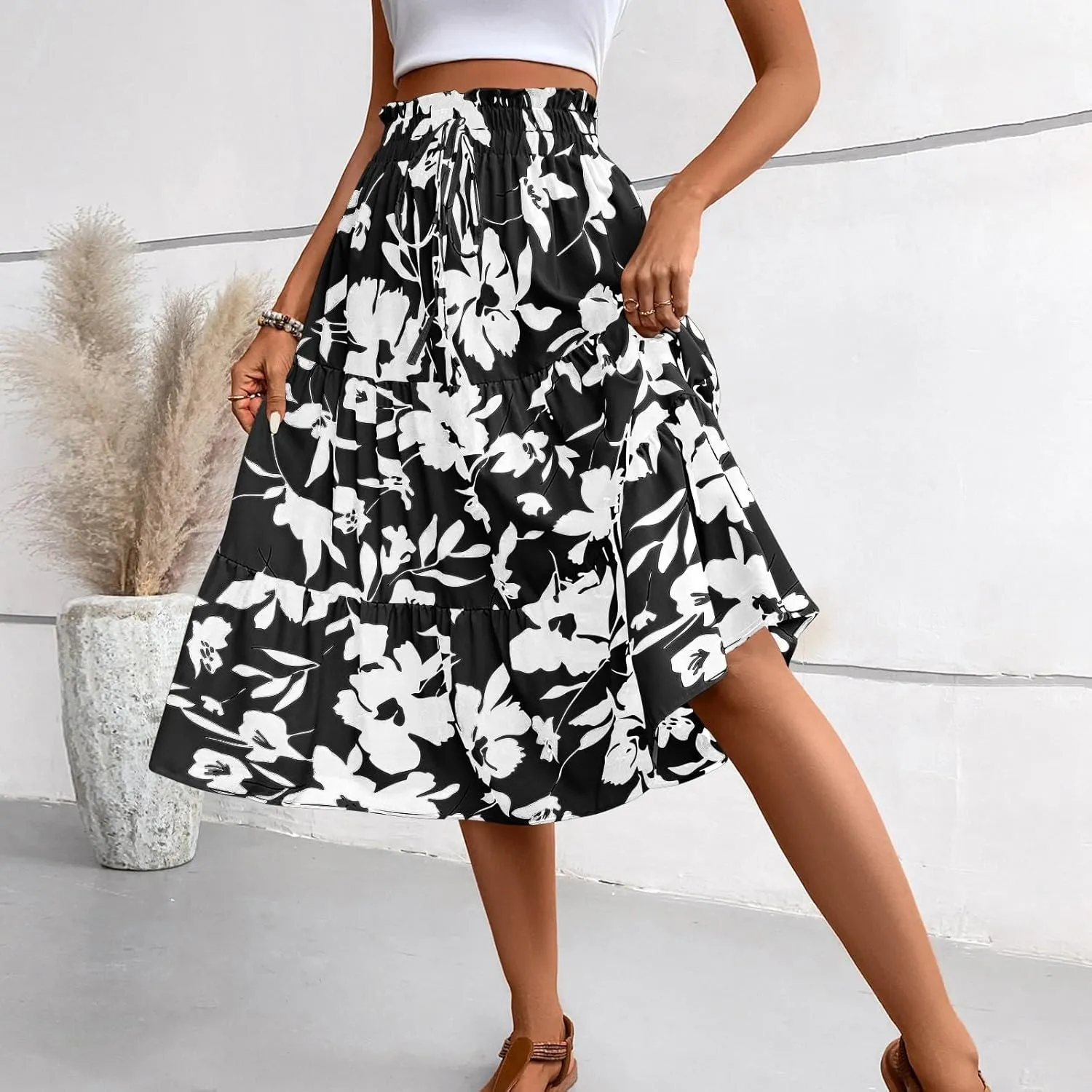 Floral Pleated Skirts for Women Midi Length Summer Casual Boho Renaissance Flowy Plus Size Tiered A Line Skirt