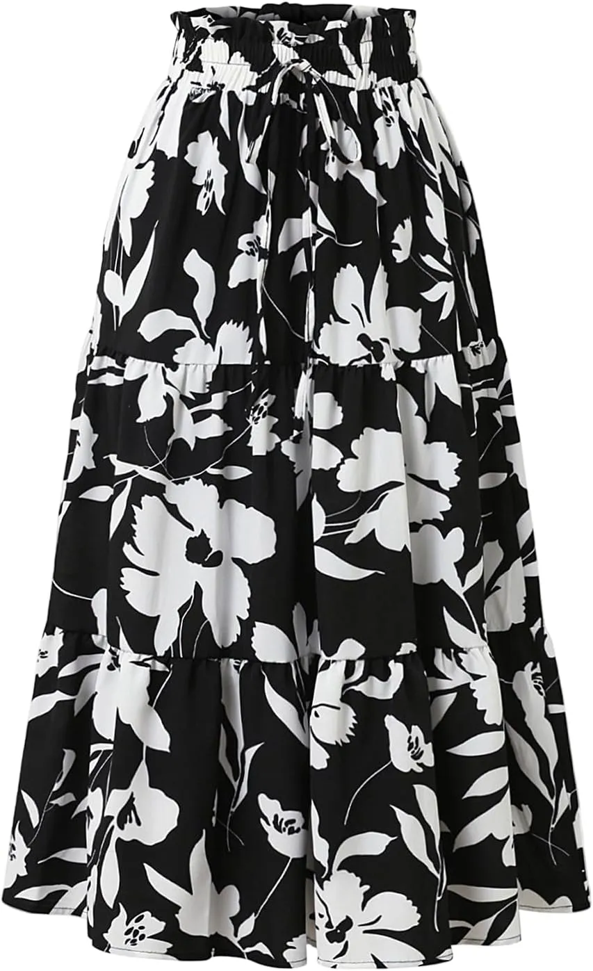Floral Pleated Skirts for Women Midi Length Summer Casual Boho Renaissance Flowy Plus Size Tiered A Line Skirt