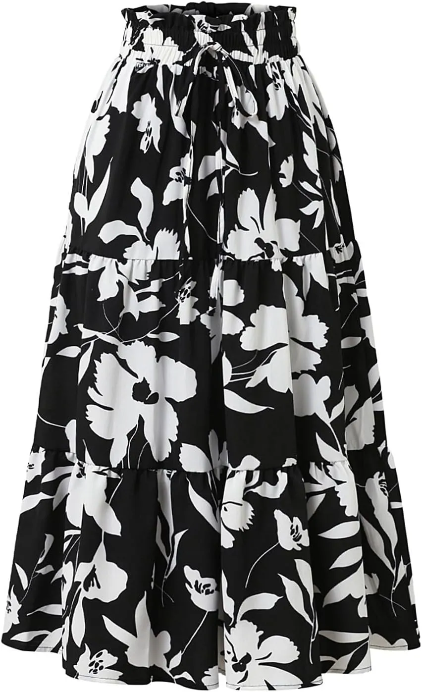 Floral Pleated Skirts for Women Midi Length Summer Casual Boho Renaissance Flowy Plus Size Tiered A Line Skirt