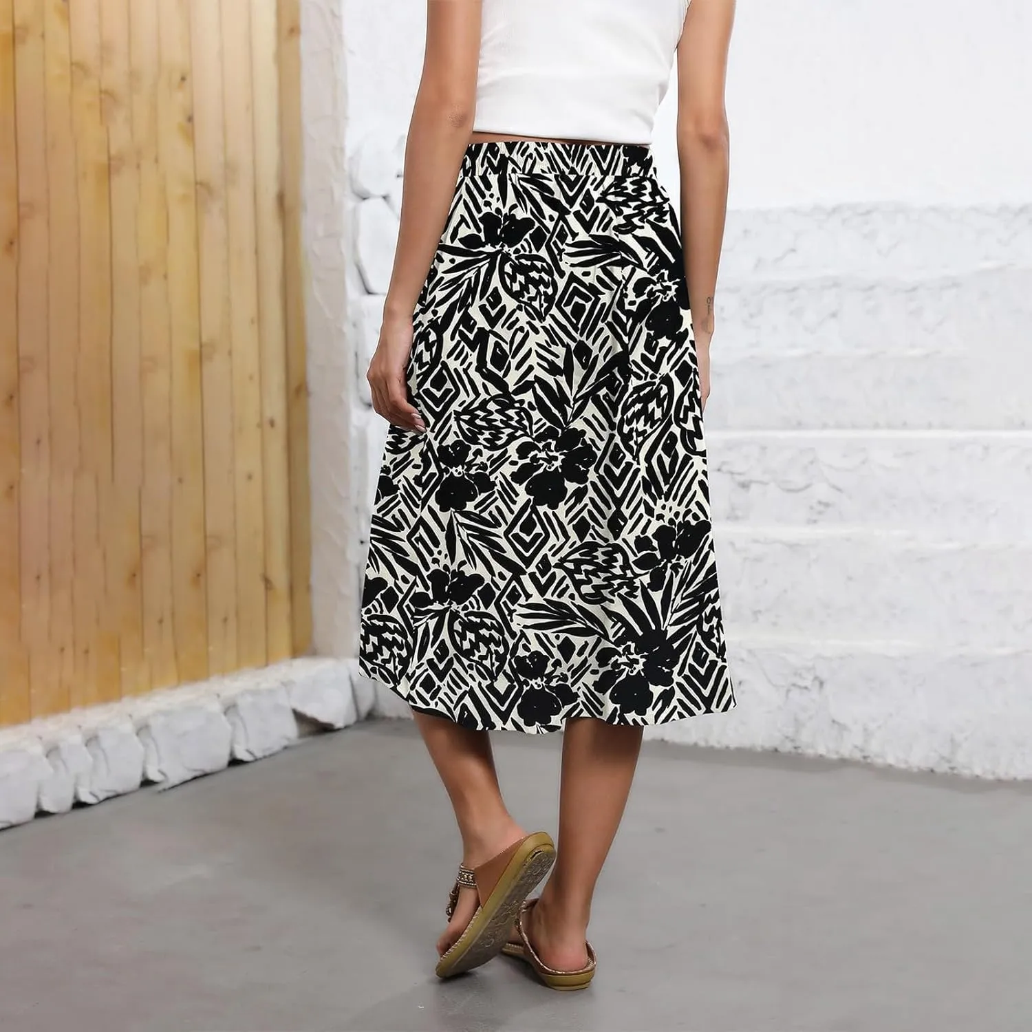 Floral Skirts for Women Midi Length Vintage Drawstring High Waisted A Line Skirt Flowy Boho Midi Skirt with Pockets