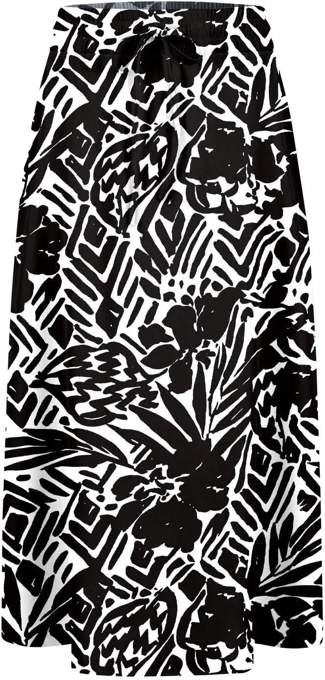 Floral Skirts for Women Midi Length Vintage Drawstring High Waisted A Line Skirt Flowy Boho Midi Skirt with Pockets