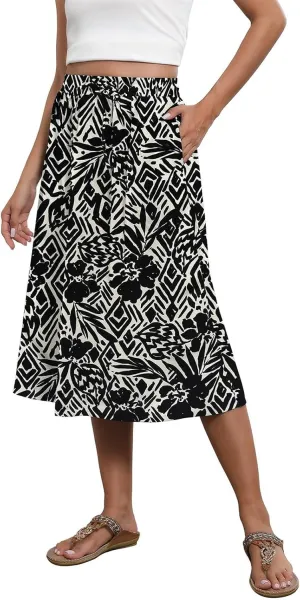 Floral Skirts for Women Midi Length Vintage Drawstring High Waisted A Line Skirt Flowy Boho Midi Skirt with Pockets