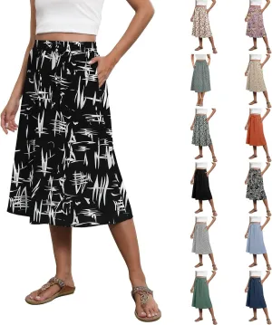 Floral Skirts for Women Midi Length Vintage Drawstring High Waisted A Line Skirt Flowy Boho Midi Skirt with Pockets