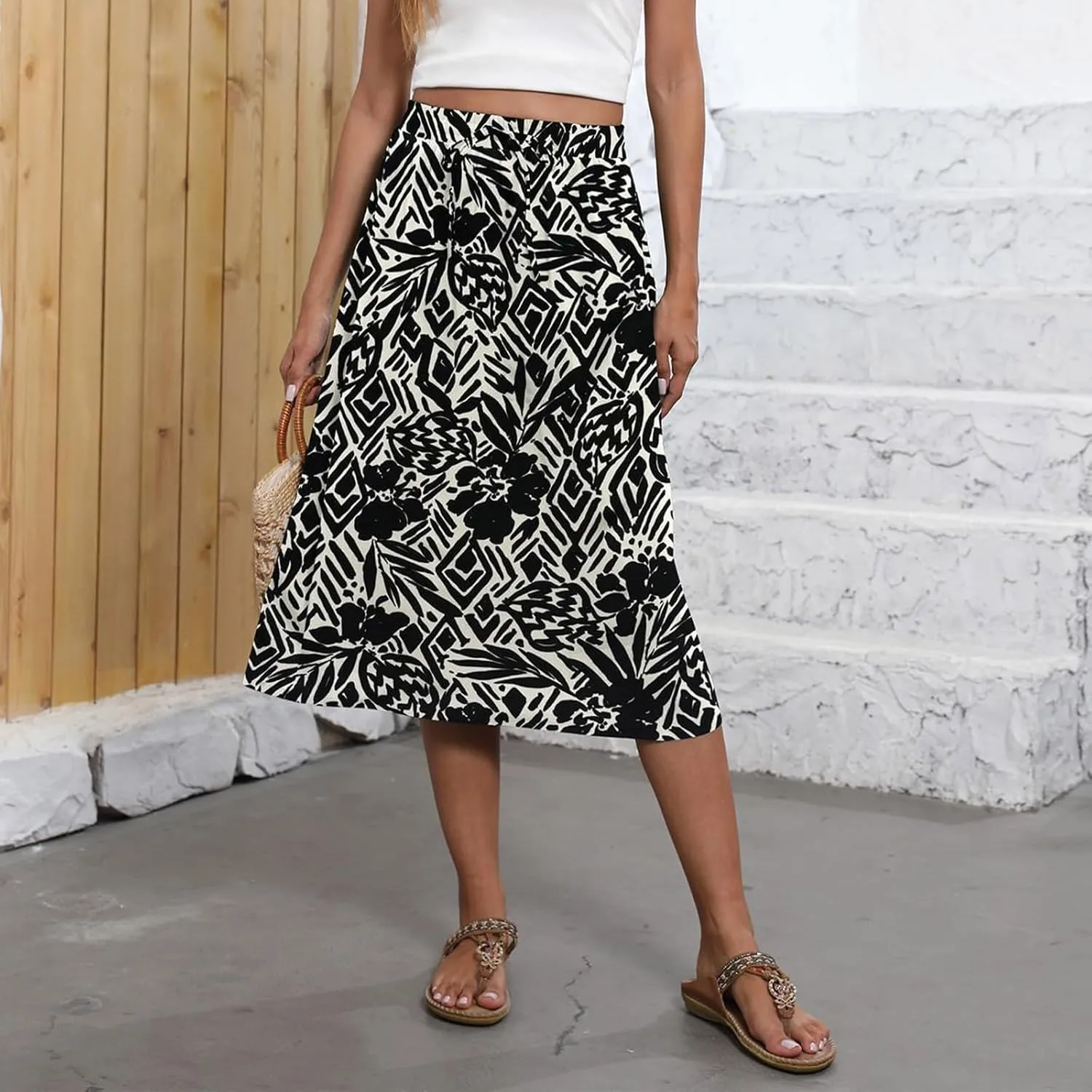 Floral Skirts for Women Midi Length Vintage Drawstring High Waisted A Line Skirt Flowy Boho Midi Skirt with Pockets
