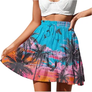 Flowy Floral Mini Skirts for Women High Waisted Boho Skirt Elastic Drawstring Tiered Skirts Ruffle Beach Skirt