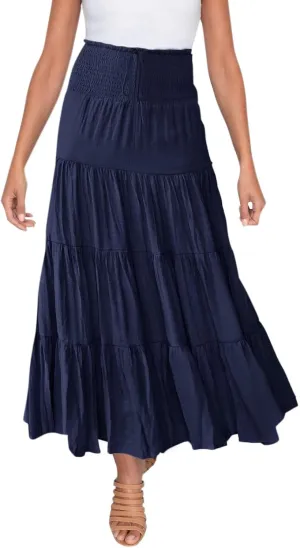 Flowy Maxi Skirt for Women Elastic High Waist Boho Pleated Long Skirts Summer Beach Tiered A-Line Skirts 2025 Trendy
