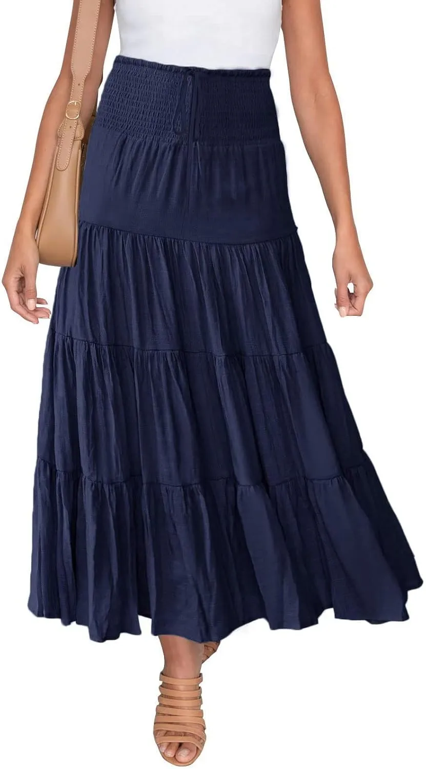 Flowy Maxi Skirt for Women Elastic High Waist Boho Pleated Long Skirts Summer Beach Tiered A-Line Skirts 2025 Trendy