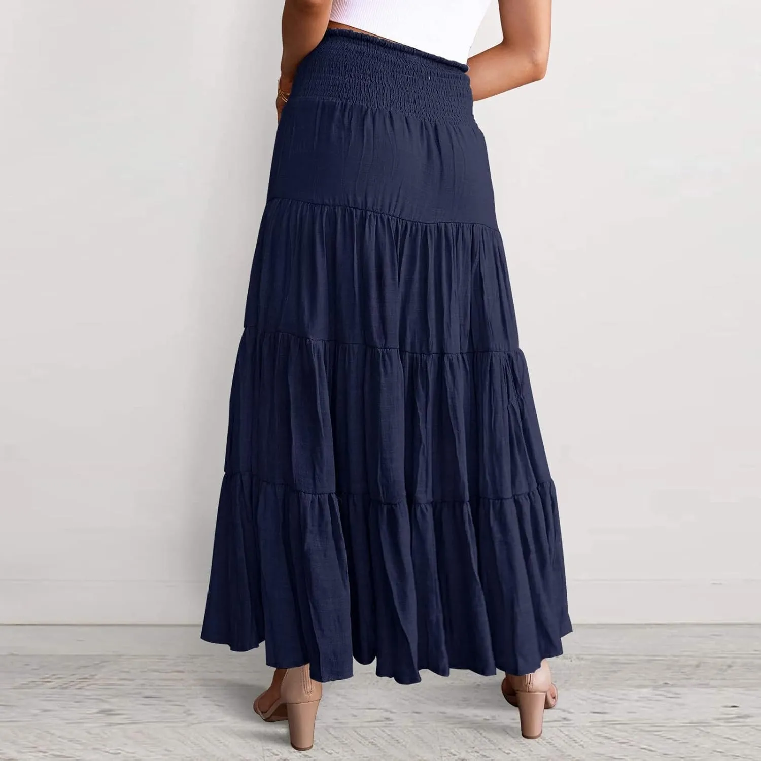 Flowy Maxi Skirt for Women Elastic High Waist Boho Pleated Long Skirts Summer Beach Tiered A-Line Skirts 2025 Trendy