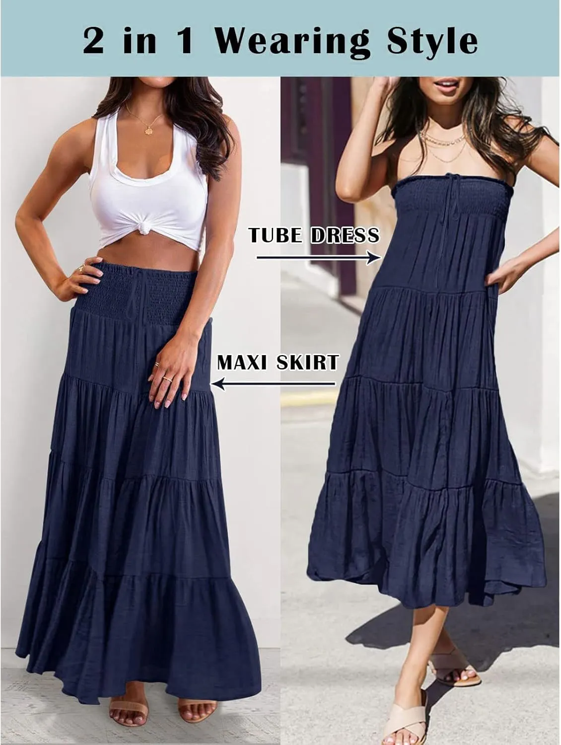 Flowy Maxi Skirt for Women Elastic High Waist Boho Pleated Long Skirts Summer Beach Tiered A-Line Skirts 2025 Trendy