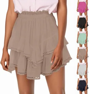 Flowy Shorts for Women Casual Boho Ruffle Tiered Skorts High Waisted Mini Skirts Golf Tennis Crochet Shorts