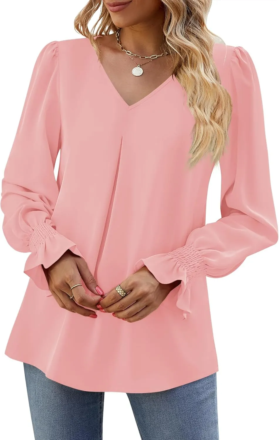 Funlingo Women's 2024 Long Sleeve Tops Dressy Casual V Neck Tunic Shirts Loose Chiffon Work Blouse