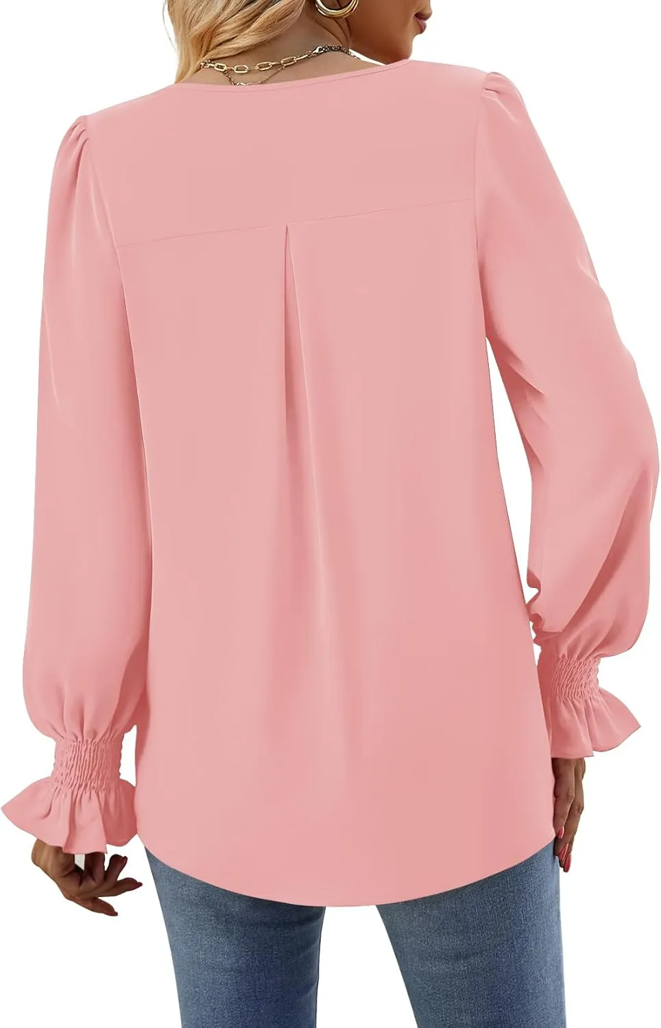 Funlingo Women's 2024 Long Sleeve Tops Dressy Casual V Neck Tunic Shirts Loose Chiffon Work Blouse
