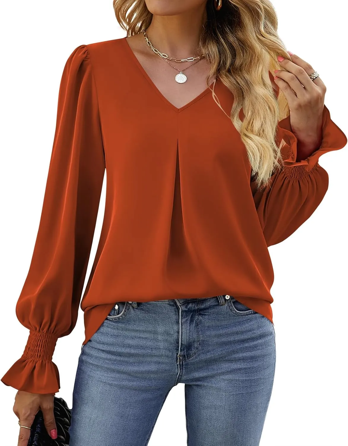 Funlingo Women's 2024 Long Sleeve Tops Dressy Casual V Neck Tunic Shirts Loose Chiffon Work Blouse