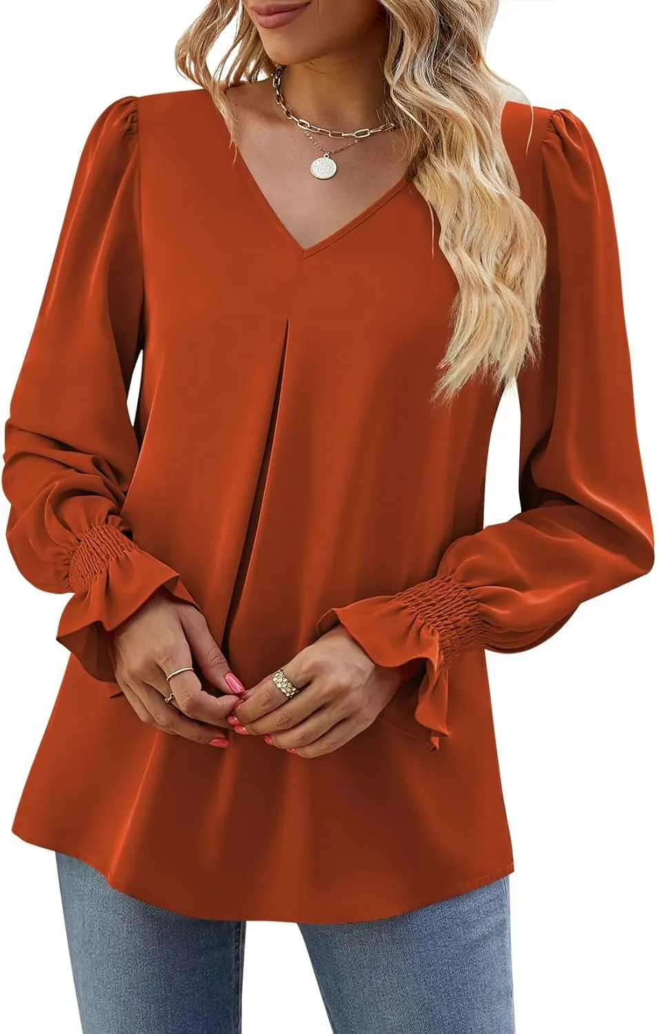 Funlingo Women's 2024 Long Sleeve Tops Dressy Casual V Neck Tunic Shirts Loose Chiffon Work Blouse