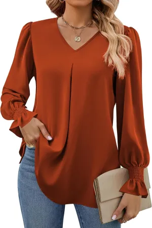 Funlingo Women's 2024 Long Sleeve Tops Dressy Casual V Neck Tunic Shirts Loose Chiffon Work Blouse