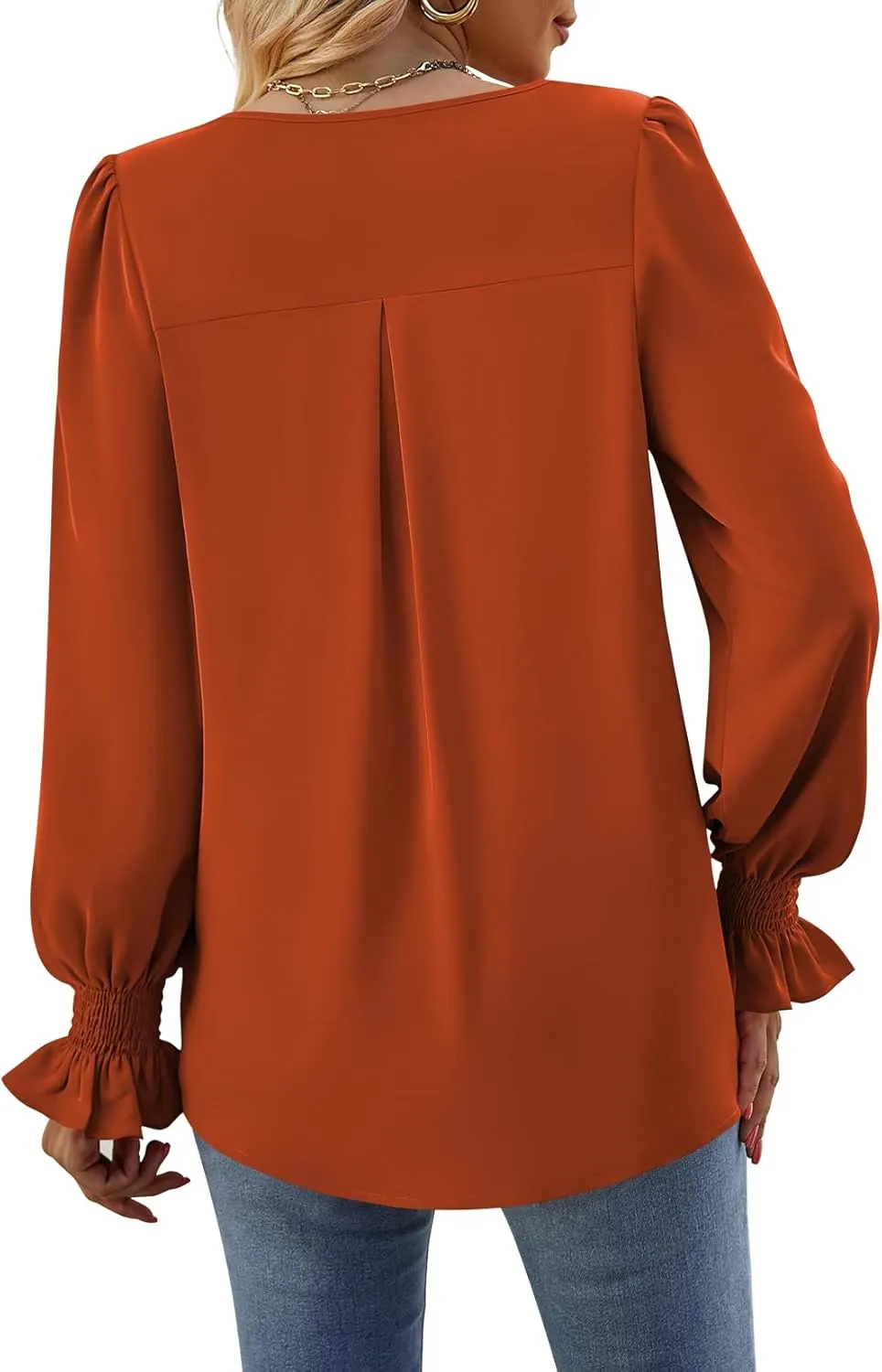 Funlingo Women's 2024 Long Sleeve Tops Dressy Casual V Neck Tunic Shirts Loose Chiffon Work Blouse