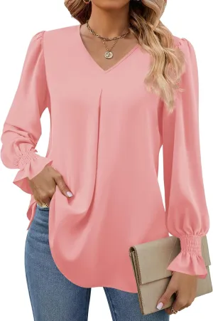 Funlingo Women's 2024 Long Sleeve Tops Dressy Casual V Neck Tunic Shirts Loose Chiffon Work Blouse