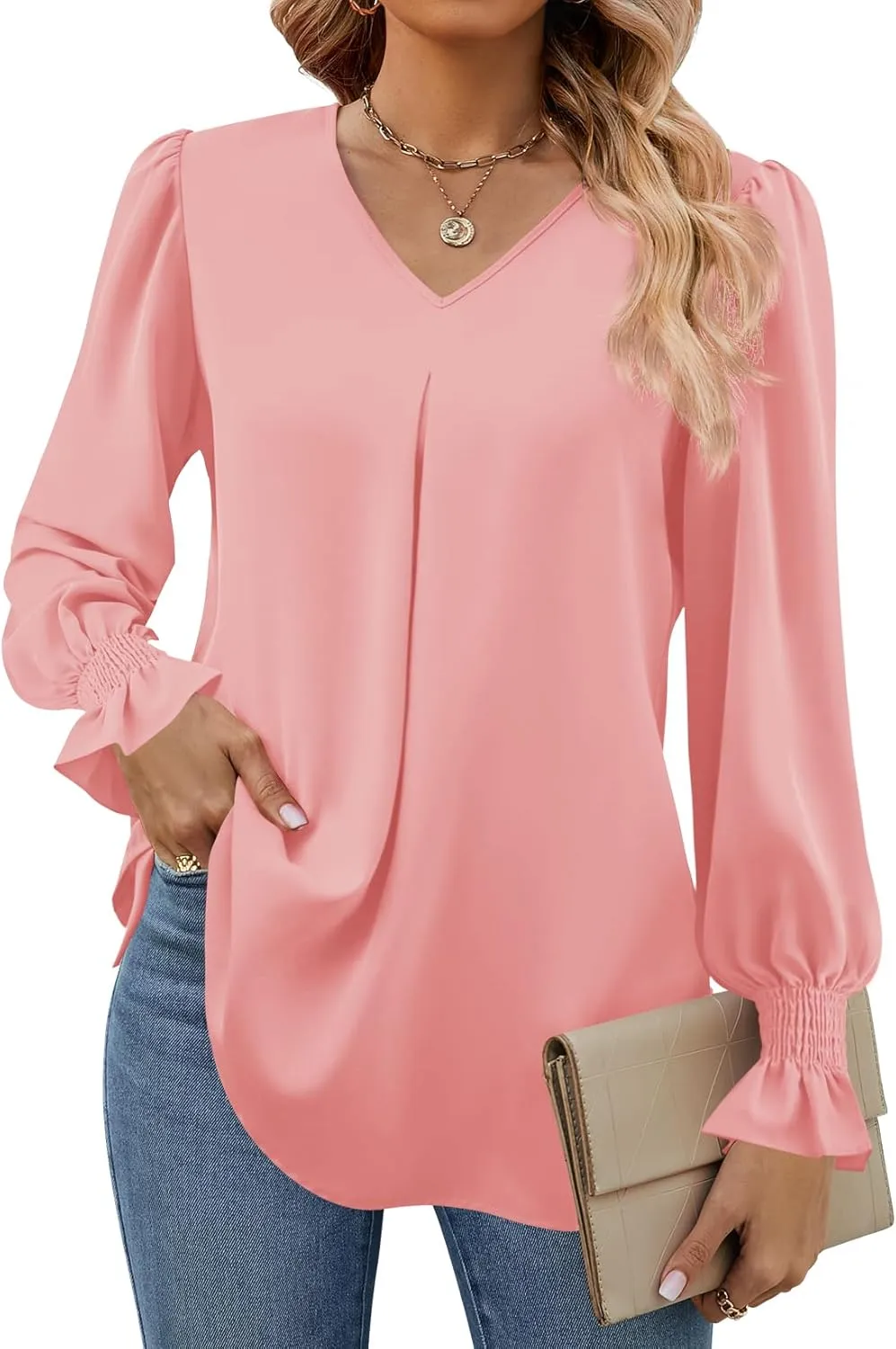 Funlingo Women's 2024 Long Sleeve Tops Dressy Casual V Neck Tunic Shirts Loose Chiffon Work Blouse