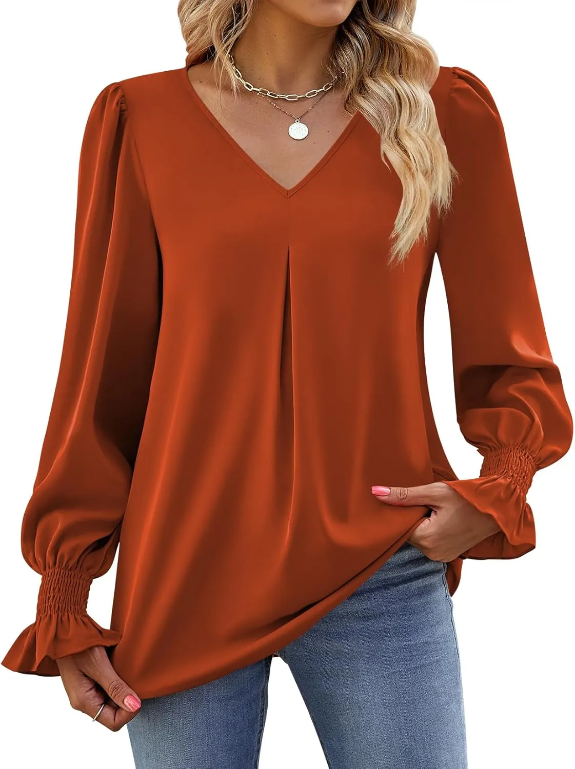 Funlingo Women's 2024 Long Sleeve Tops Dressy Casual V Neck Tunic Shirts Loose Chiffon Work Blouse