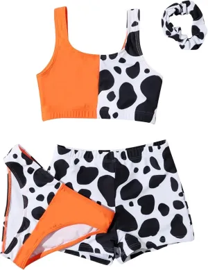 Girls 3 Piece Bikini Swimsuit Set Cute Cow Print Bathing Suit with Quick Dry Swimwear with Coverups Skirts Swimwear