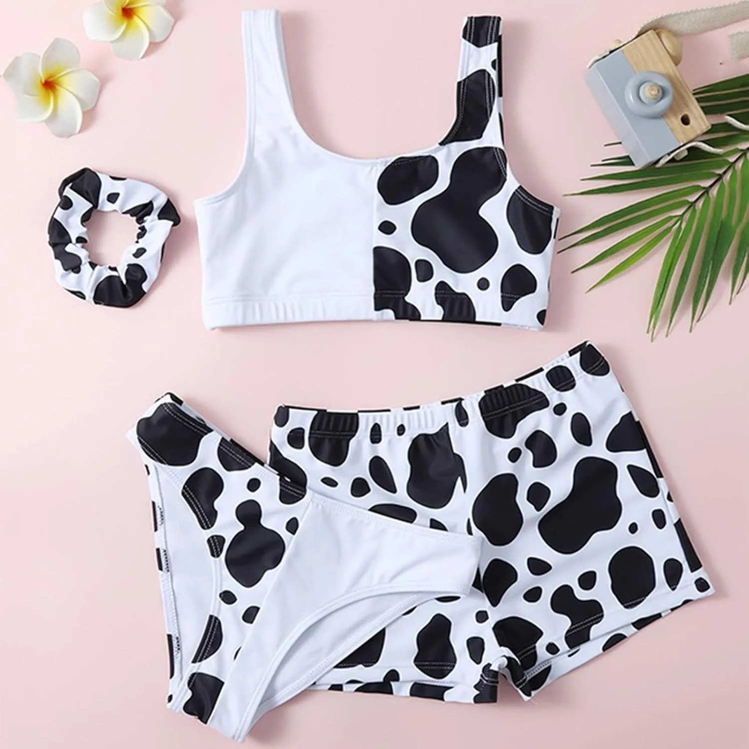 Girls 3 Piece Bikini Swimsuit Set Cute Cow Print Bathing Suit with Quick Dry Swimwear with Coverups Skirts Swimwear