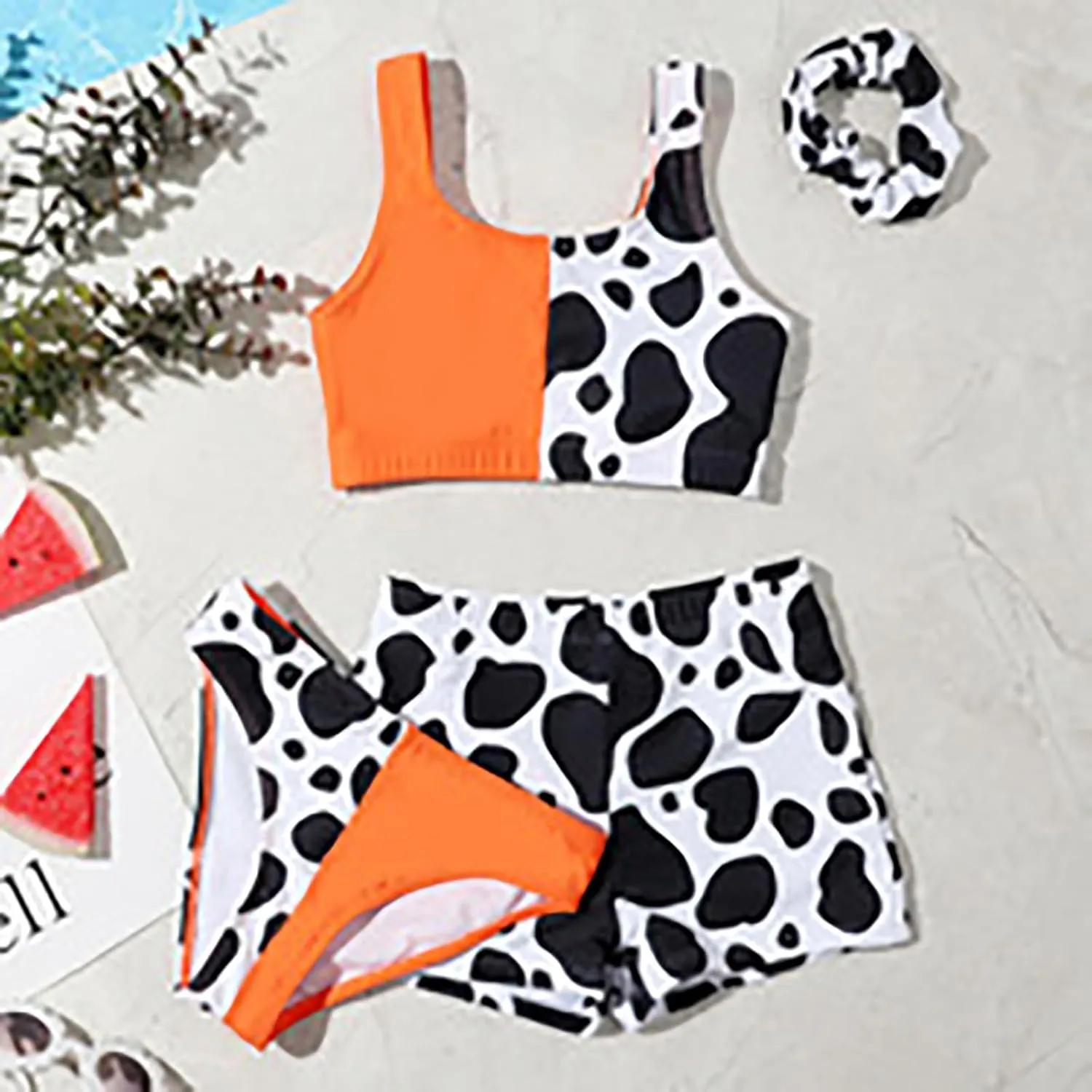 Girls 3 Piece Bikini Swimsuit Set Cute Cow Print Bathing Suit with Quick Dry Swimwear with Coverups Skirts Swimwear