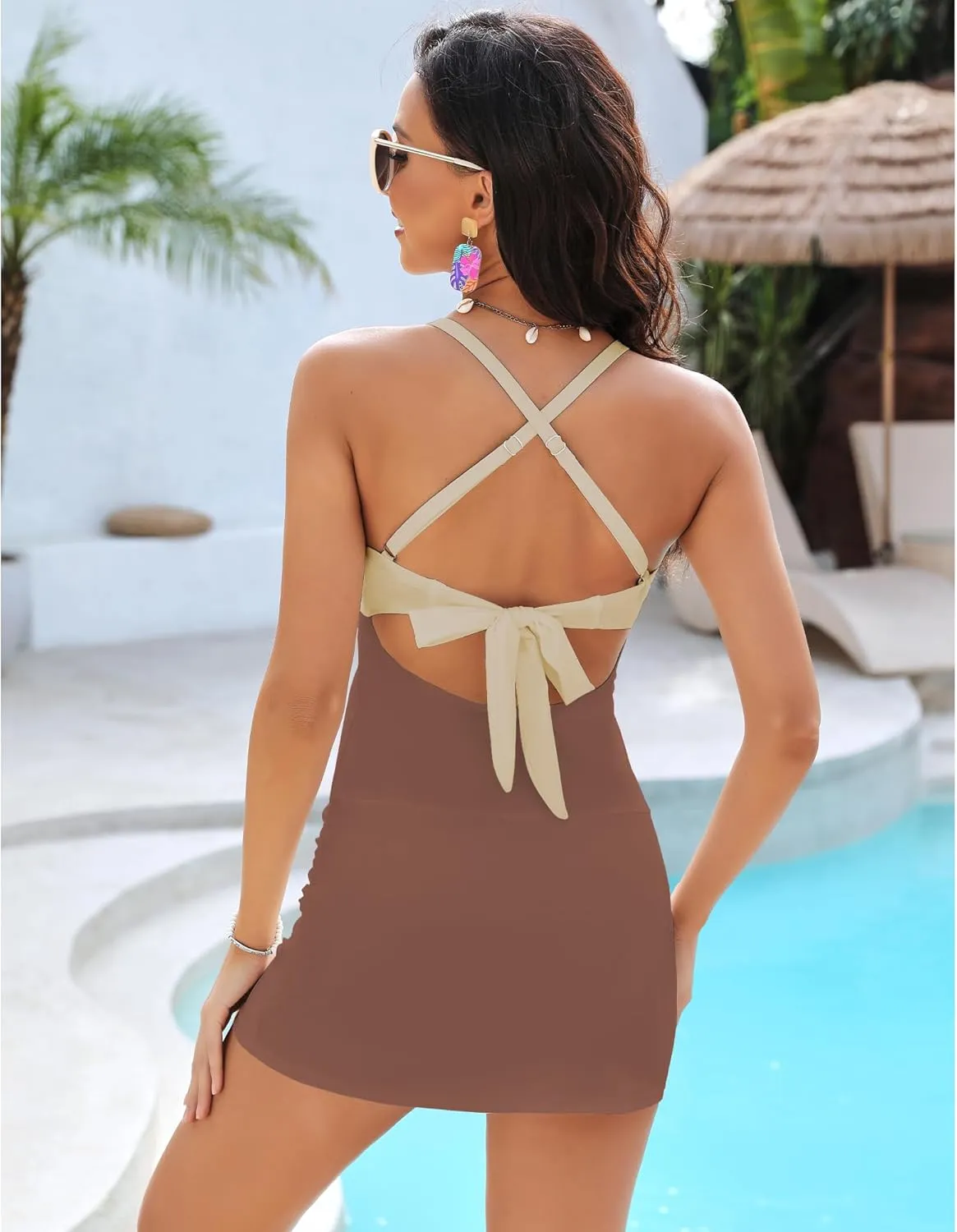GRAPENT One Piece Bathing Suit for Women with Skirt Cutout Swimsuits Criss Cross Swim Dress Colorblock Tie Back Swimwear