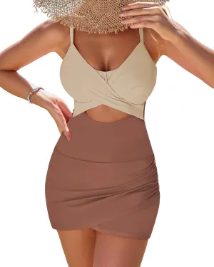 GRAPENT One Piece Bathing Suit for Women with Skirt Cutout Swimsuits Criss Cross Swim Dress Colorblock Tie Back Swimwear