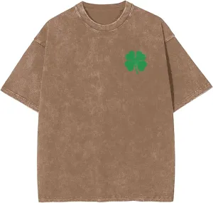 Green 4 Leaf Clover Men's Oversized Cotton T-Shirt - Unisex Vintage Short Sleeve Casual Shirt