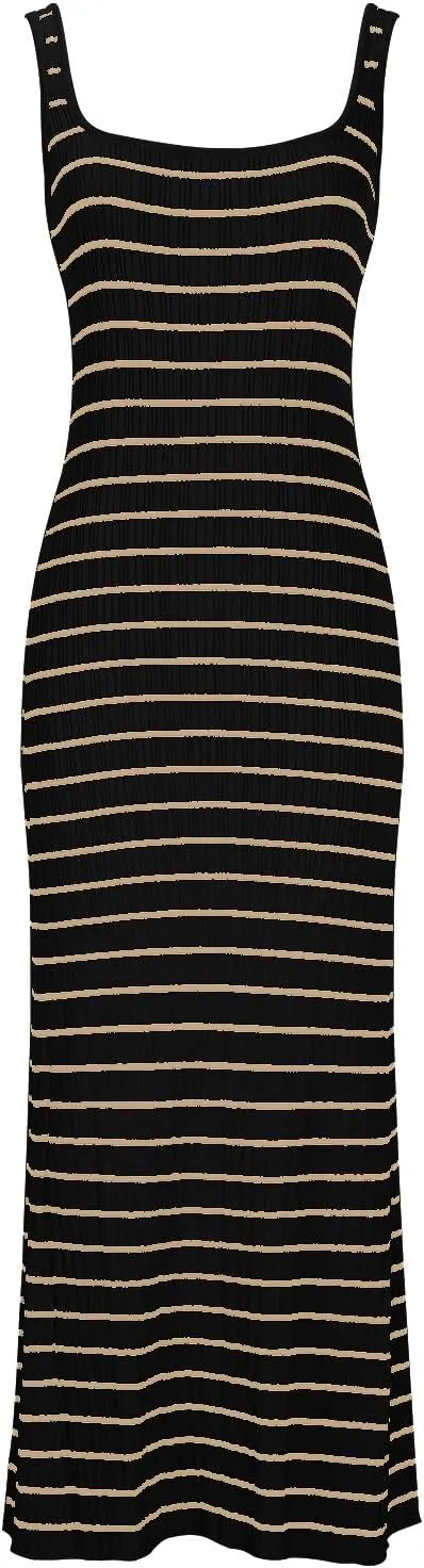 HGps8w Sweater Dresses for Women Casual Striped Square Neck Sleeveless Pullover Knitted Color Block Midi Dress