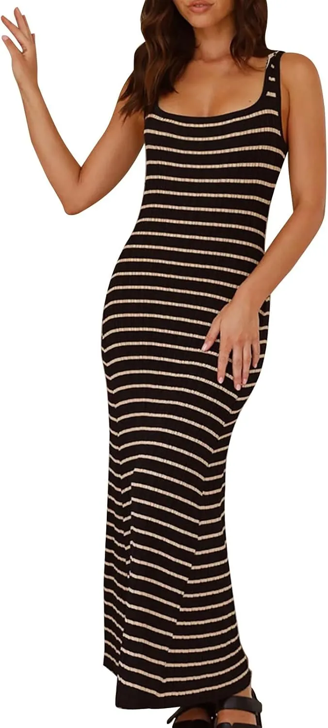 HGps8w Sweater Dresses for Women Casual Striped Square Neck Sleeveless Pullover Knitted Color Block Midi Dress