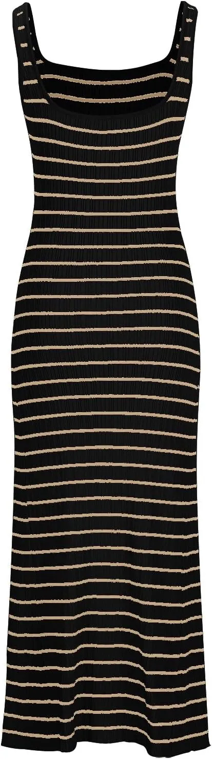 HGps8w Sweater Dresses for Women Casual Striped Square Neck Sleeveless Pullover Knitted Color Block Midi Dress
