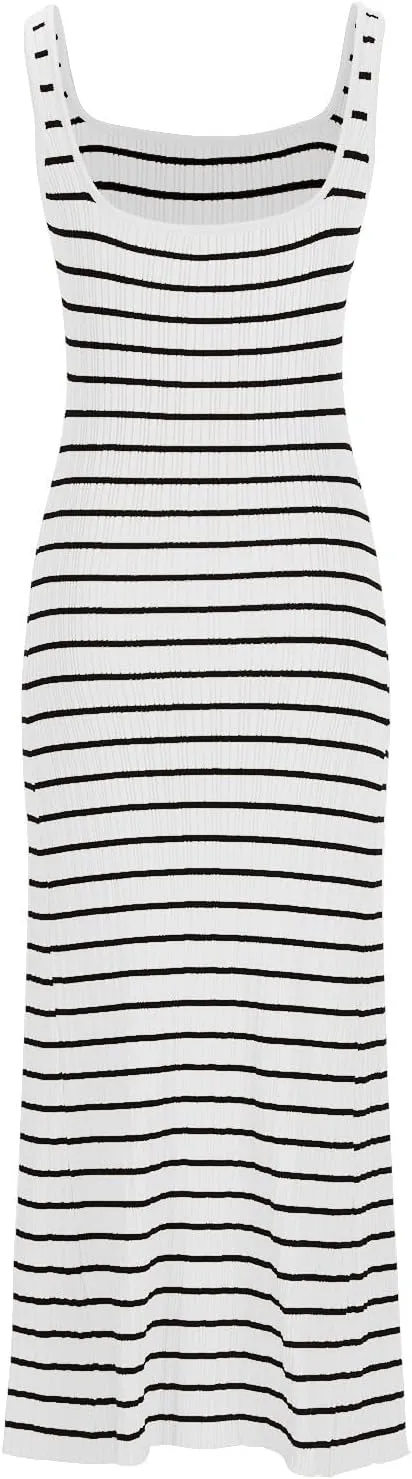 HGps8w Sweater Dresses for Women Casual Striped Square Neck Sleeveless Pullover Knitted Color Block Midi Dress
