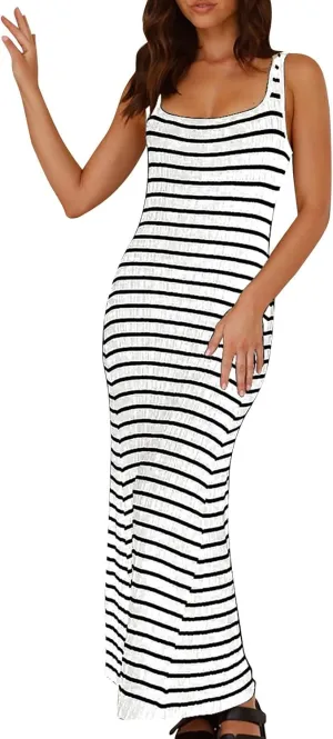 HGps8w Sweater Dresses for Women Casual Striped Square Neck Sleeveless Pullover Knitted Color Block Midi Dress