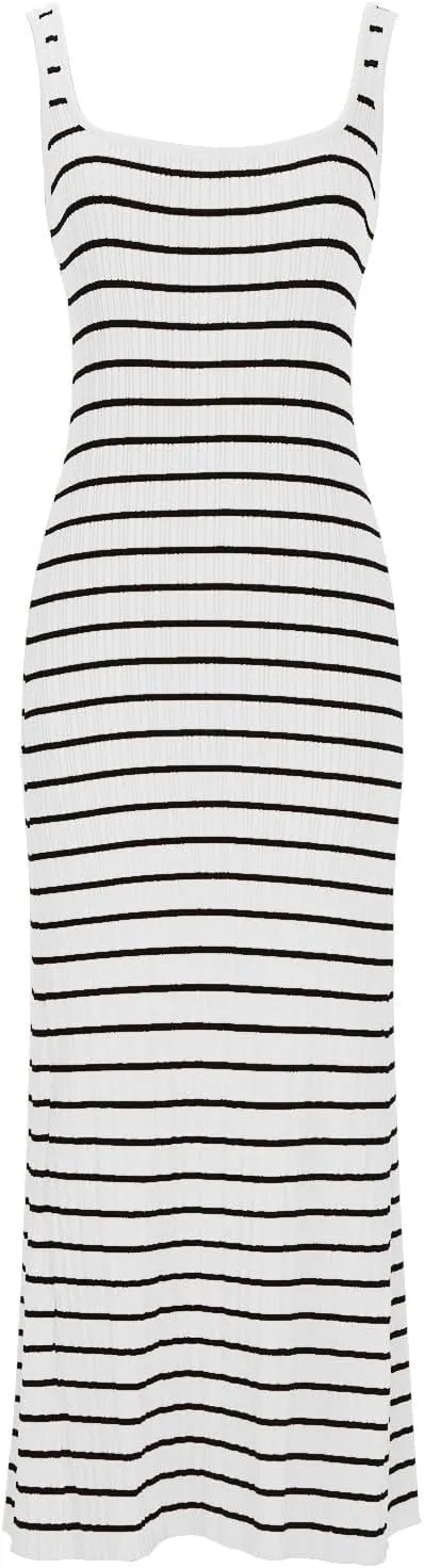 HGps8w Sweater Dresses for Women Casual Striped Square Neck Sleeveless Pullover Knitted Color Block Midi Dress