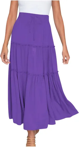 HGps8w Women's Boho Elastic High Waist A-line Skirts Ruffle A Line Flowy Tiered Beach Vacation Maxi Skirt with Drawstring