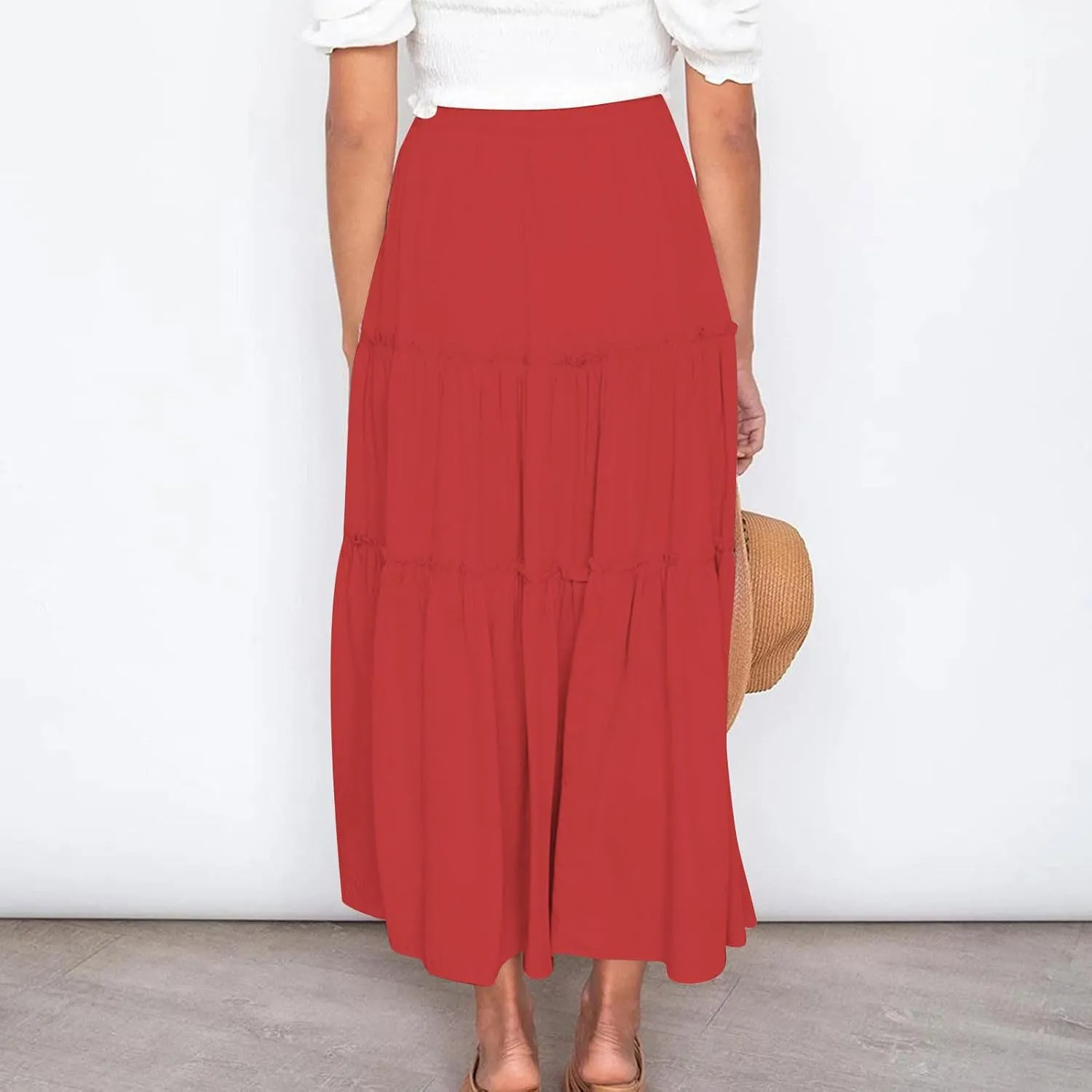 HGps8w Women's Boho Elastic High Waist A-line Skirts Ruffle A Line Flowy Tiered Beach Vacation Maxi Skirt with Drawstring