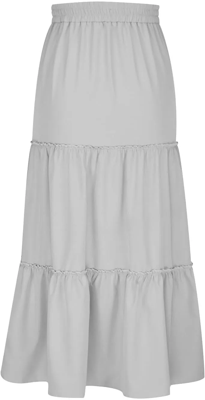 HGps8w Women's Boho Elastic High Waist A-line Skirts Ruffle A Line Flowy Tiered Beach Vacation Maxi Skirt with Drawstring